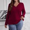 2025 Autumn/Winter Plus Size Solid Color V-Neck Long Sleeve Ribbed Pullover T-shirt