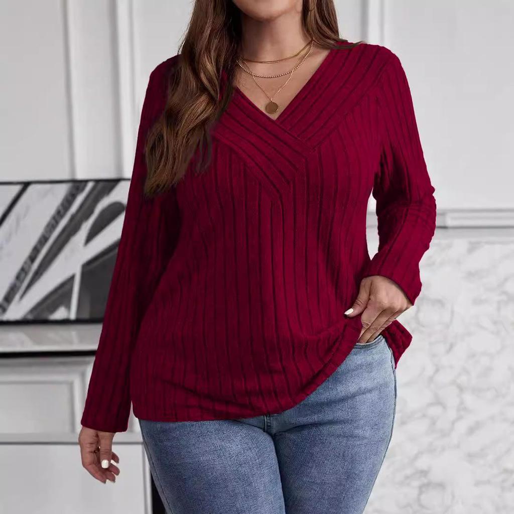 2025 Autumn/Winter Plus Size Solid Color V-Neck Long Sleeve Ribbed Pullover T-shirt