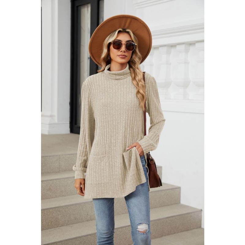 Herbst Damen Bluse Halb Stehkragen Langarm Lose Split Pocket Top