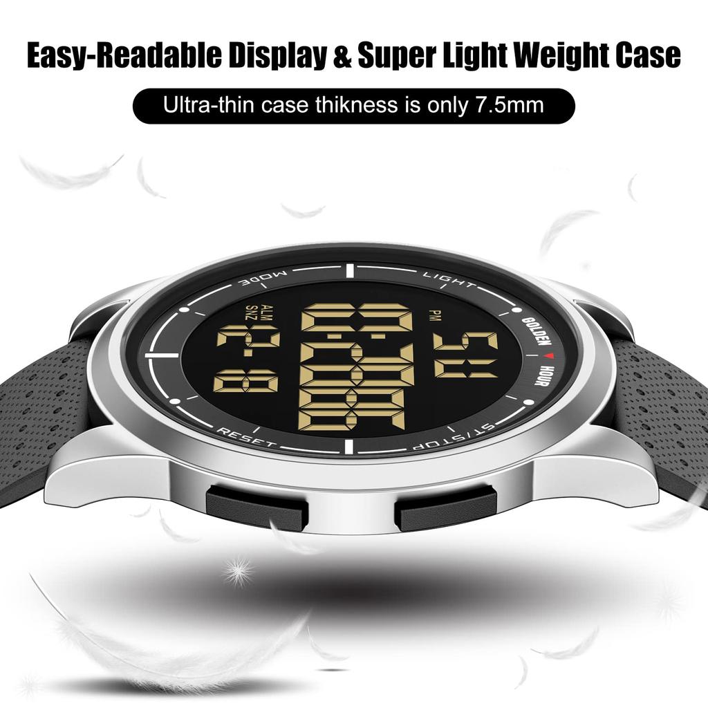GOLDEN HOUR Minimalist Metal Sports Waterproof Digital Wide Viewing Angle Rubber Unisex Watch Men's Watch, Ultra-Thin Design, Case, Watch, Display,