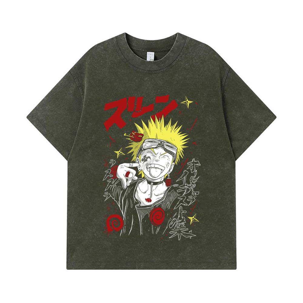 

275 GSM Washed T-shirts 100% Cotton Naruto V17 Print Unisex Heavy Cotton T Shirt S армия зеленый