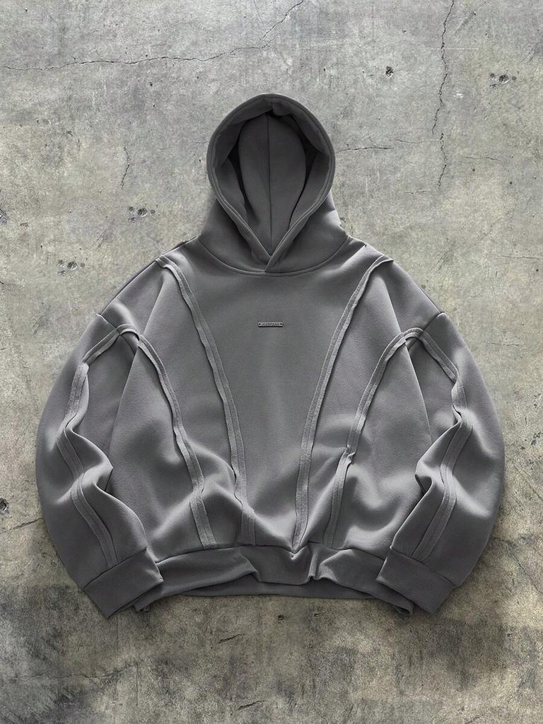 Men's American Deconstructed Hoodie Heavyweight 3D Panel Stitching Exposed Seam Loose Drop Shoulder Pullover