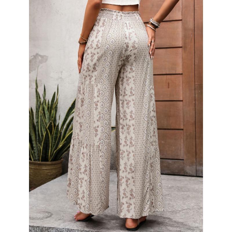Casual Vacation Style Lace-up Geometric Floral Print Wide-leg Pants for Women