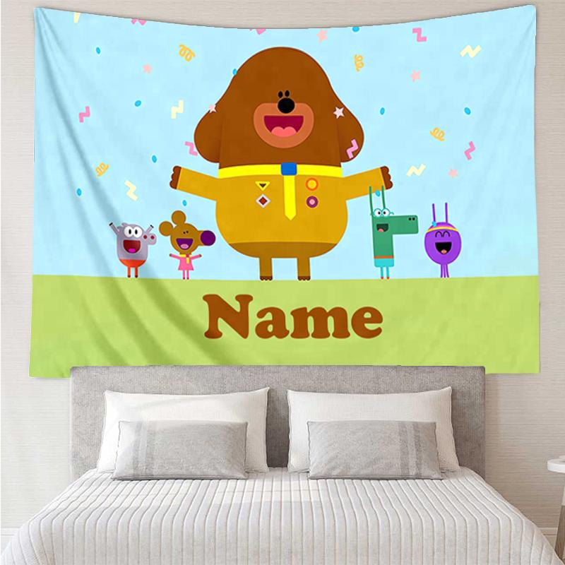 Custom Name Hey Duggee Print Tapestry, Backdrop, Easy Setup, Ideal for Bedroom, Office & Living Room, with Aesthetic Wall Hanging Decor.