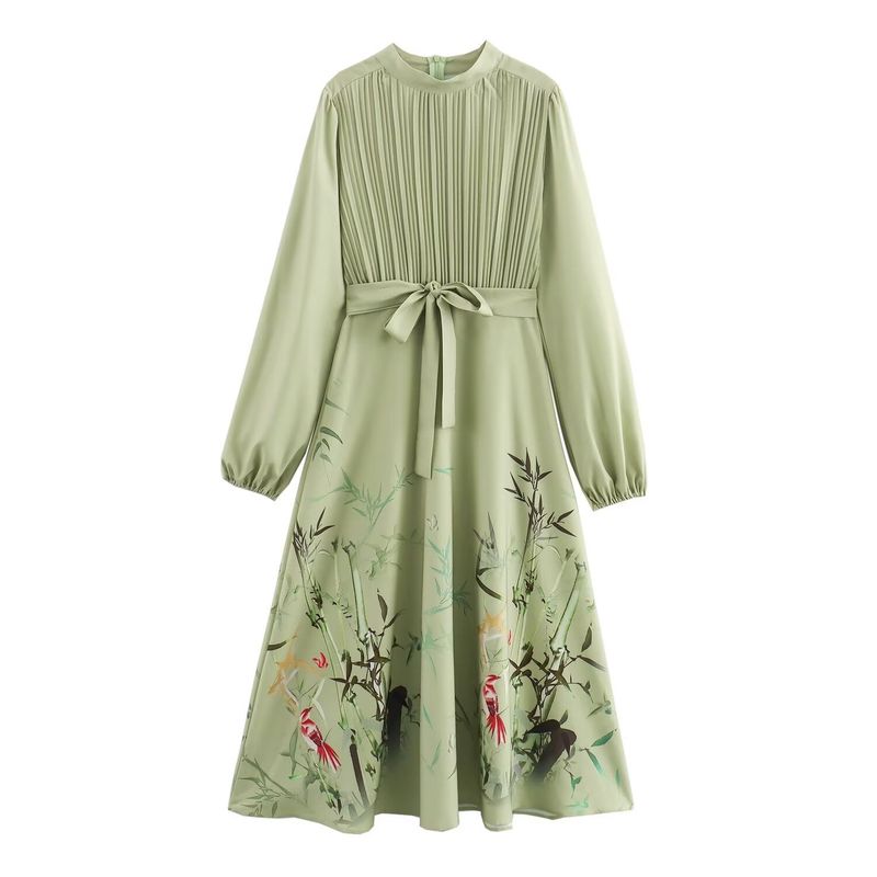 

Kaslead New Arrival Women s Clothing Fashion Style Fashion Elegant Small Stand Collar Pleated Print Long Sleeves Dress Green L