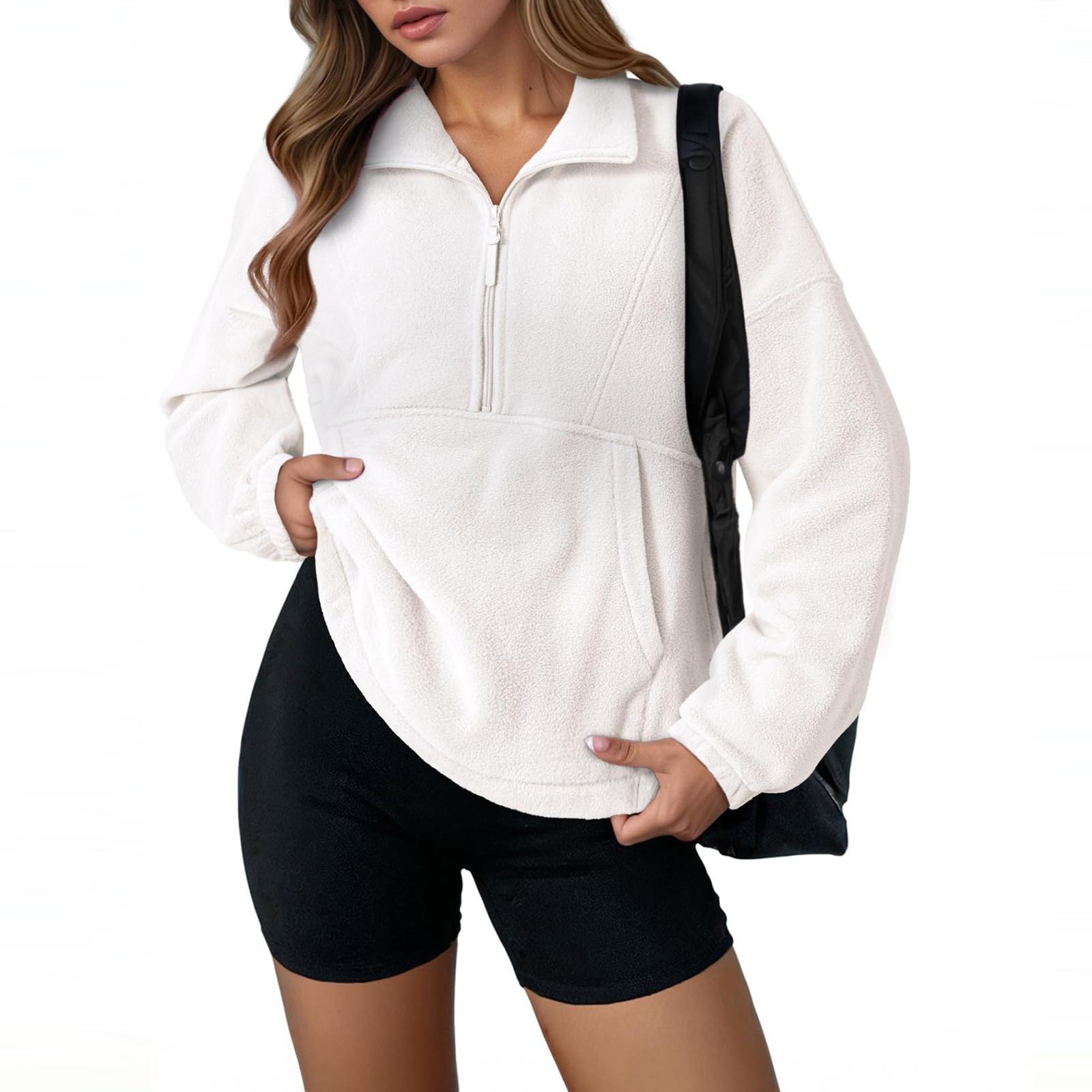 

Women s Fleece Sporty Half-zipper Pullover, Fashionable Loose Long-sleeved Street- Sweatshirt Top S білий