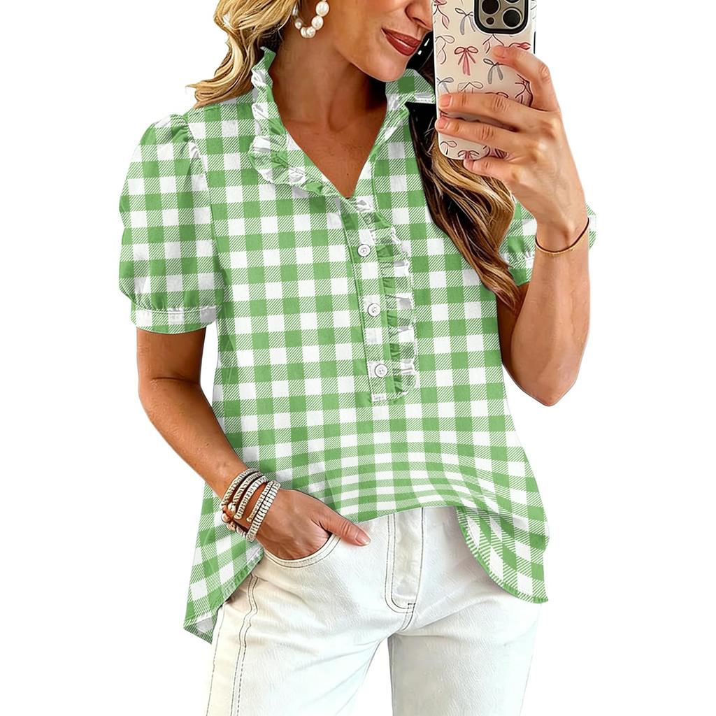 Blusa Informal de Moda para Mujer con Volantes, Cuello en V, Estampado a Cuadros, Manga Corta, Botones, Corte Holgado, para el Día a Día, Oficina