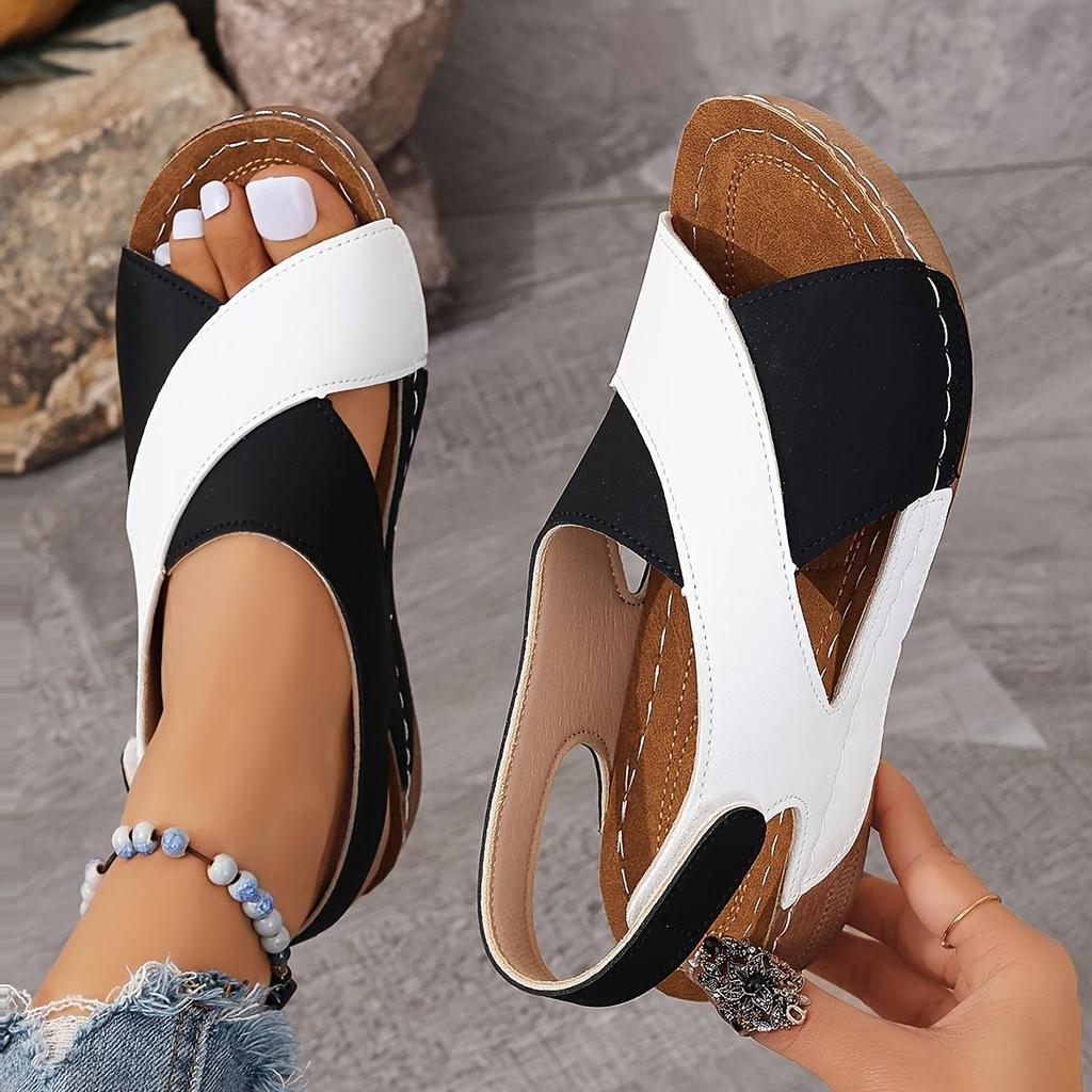 Women's Contrast Color Wedge Sandals, Peep Toe Slingback Soft Sole Shoes, Comfy Outdoor Summer Sandals