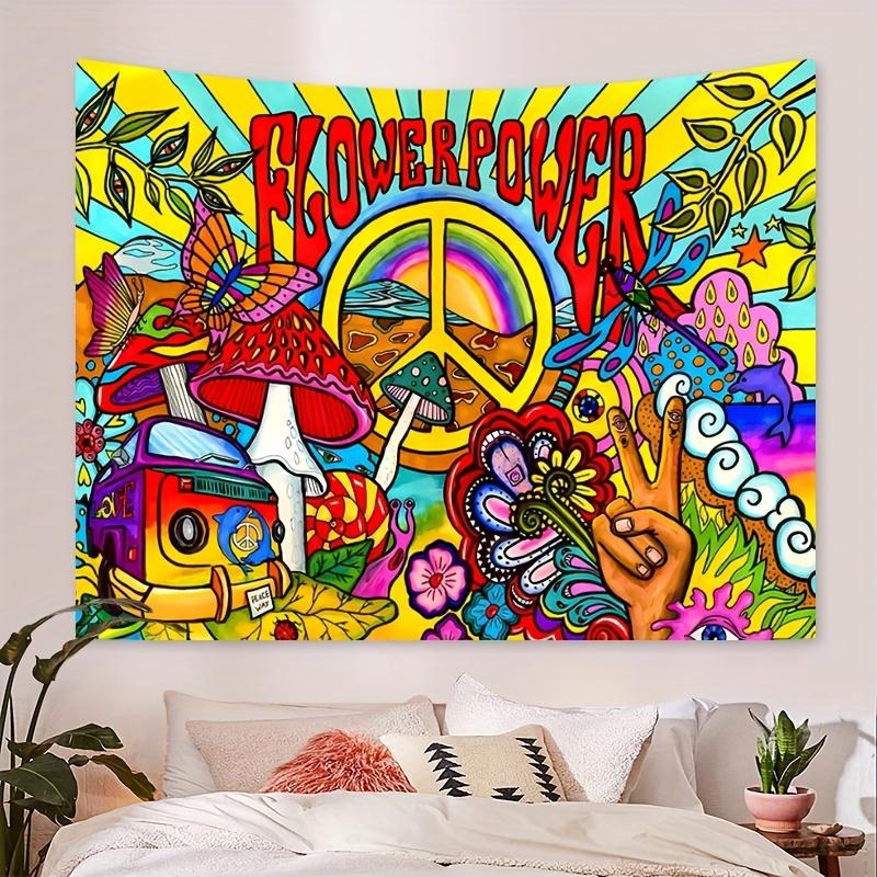 Arazzo Hippie Retrò, Stampa Colorata con Simbolo della Pace, Farfalle Arte Psichedelica, Arte da Parete Bohemien per Soggiorno