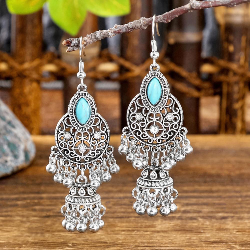 Vintage Earrings Silver Geometric Turquoise Drop Earrings Bohemian Dangle Jewelry for Women