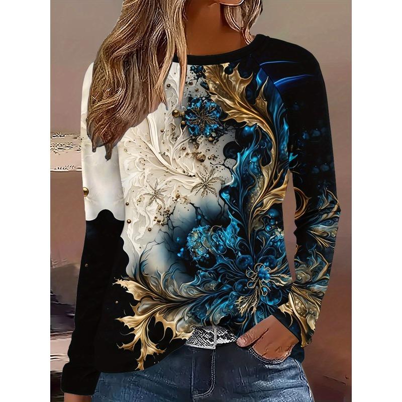 Top cu Imprimeu Floral Imprimat 3D Tricouri Casual cu Mânecă Lungă pentru Femei - Material Moale din Poliester cu Elasticitate Medie Haine cu Croială Relaxată pentru Primăvară și Toamnă