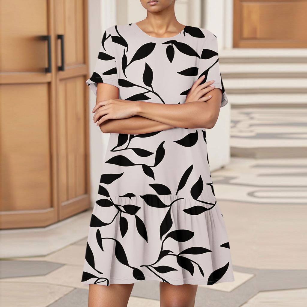 Damska Moda Casual Sukienka z Okrągłym Dekoltem i Krótkim Rękawem z Nadrukiem Liści i Kwiatów
