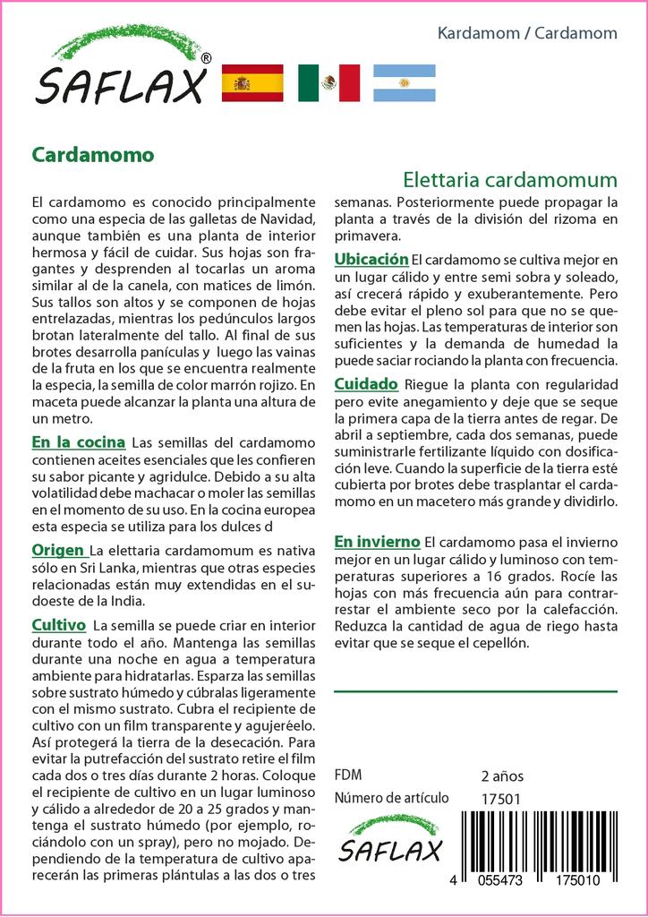 SAFLAX Garden In the Bag - Cardamom - 20 Seeds - With Substrate In a Fitting Stand Up Bag - Elettaria Cardamomum