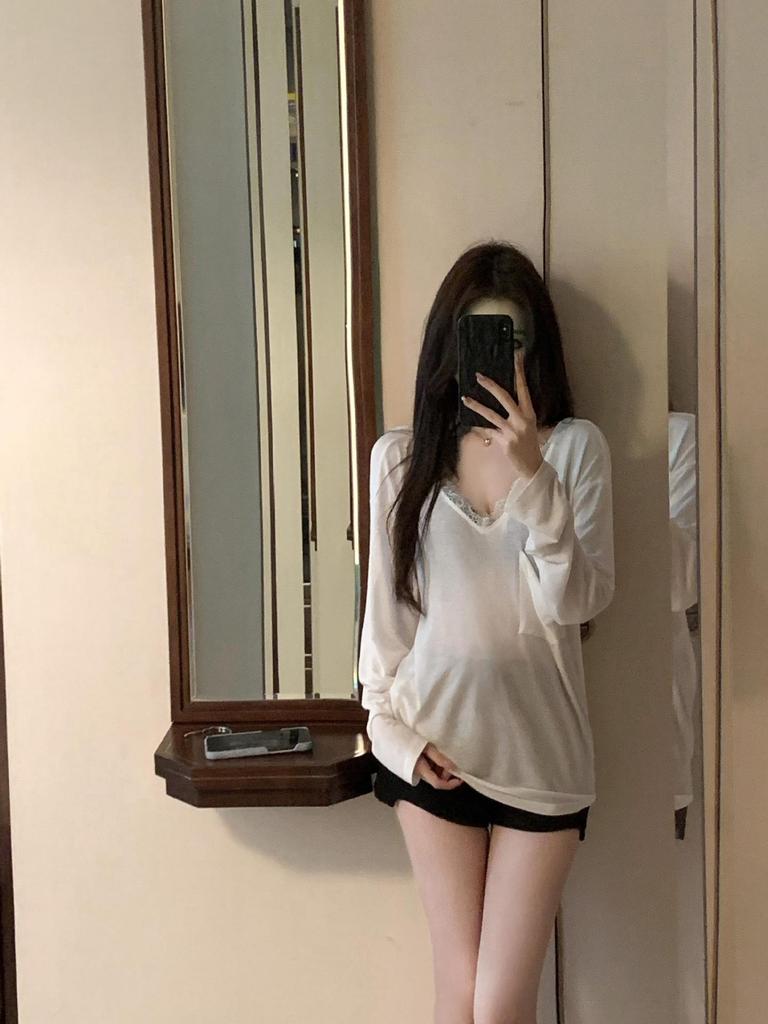 White Lace V-neck T-shirt Women's Summer Thin Sunscreen Cover-up *** Loose Mid-length Long-sleeved Top