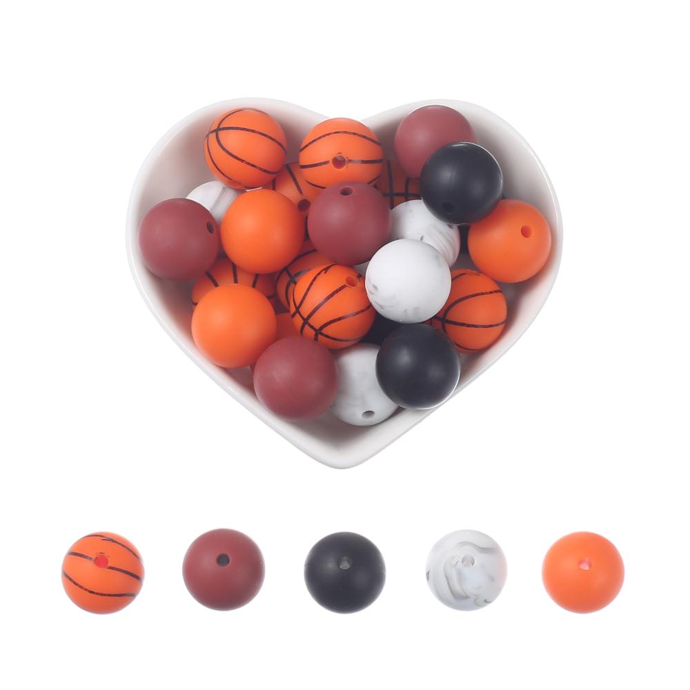 15mm 30Pcs Silicone Beads Round Print Food Grade Teething Beads for Baby Toy Soft Chew Teething DIY Pacifier Clips Necklace