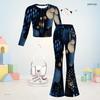 Girls Dark Blue Printed Round Neck Long Sleeve Top And Flared Pants Two Piece Set