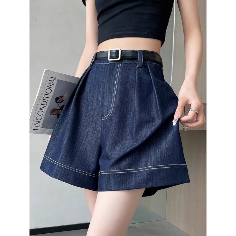 Women's High Waist Dark Blue Tencel Denim Shorts - Summer Loose Fit, Cooling Ice Silk, Mid-Length Wide-Leg Design