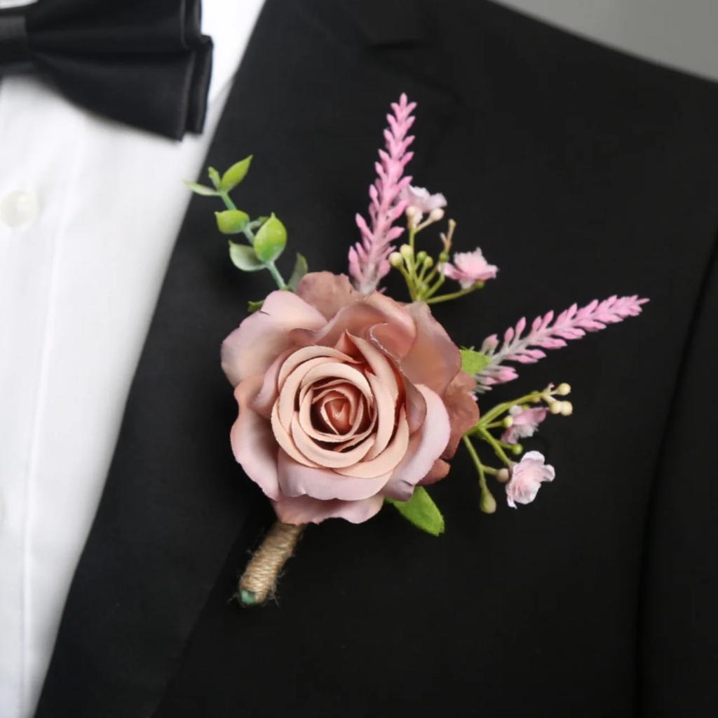 6pcs Rustic Artificial Rose Boutonniere Corsage Set Dusty Rose White Wristband Prom Suit Flowers for Wedding Ceremony