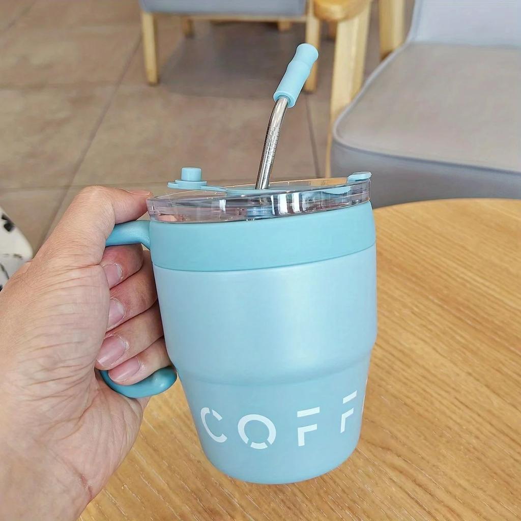 480MLCoffee Cup with Straw Lid Stainless Steel Thermos Mug for Cold Drinks Water Tea Milk Office Outdoor Portable Bottle