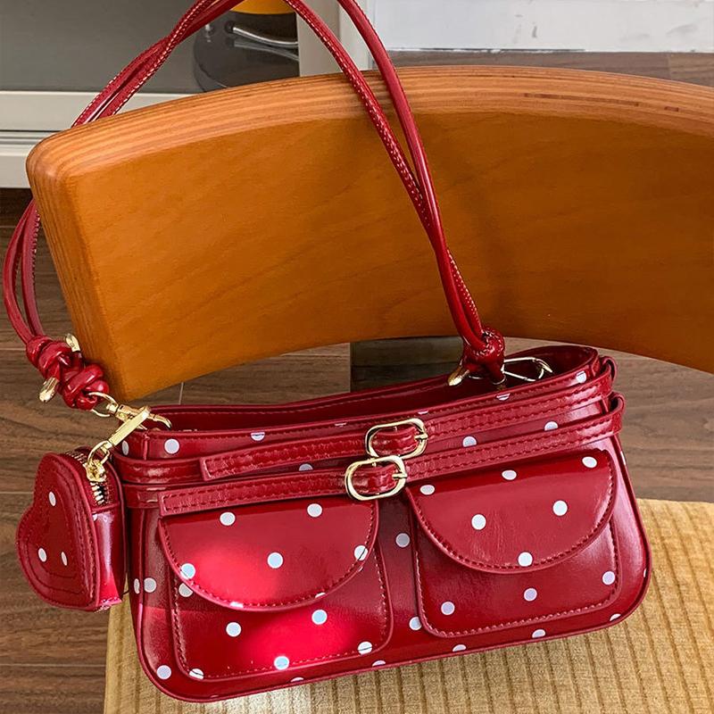 Korean Polka Dot Leather Handbag Women Heart Purse Charm Decor Shoulder Bag Fashion Belt Buckle Design Multi Pocket Underarm Bag