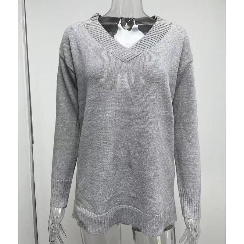 Suéter de Punto de Manga Larga Suelto de Otoño e Invierno con Cuello en V Fino Talla Grande para Mujer Color Sólido Suéteres Tops Casual Cálido Ropa de Punto para Mujer 24773