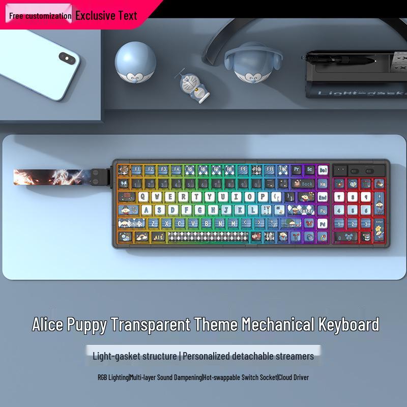 Langtu GK102 Wireless Bluetooth Wired Mechanical Keyboard - Transparent Customizable Design for Girls, Office, and e-Sports Gaming.