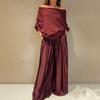An Elegant Off-the-shoulder Top Paired with A Satin Wide-leg Pants Two-piece Set