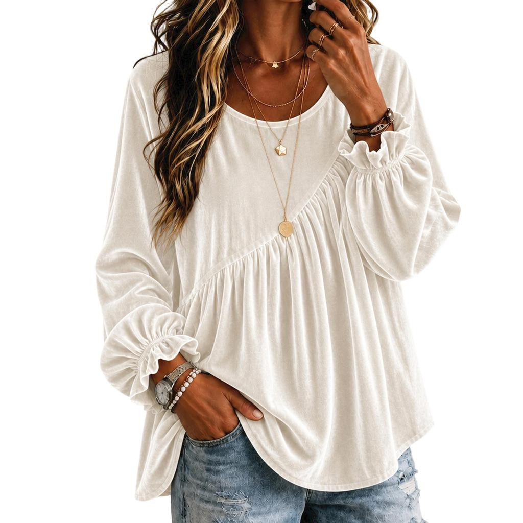 Women's Color Bell Sleeve Top with Round Neck and Long Sleeve