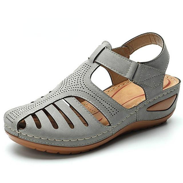 Woman Solid Color Vintage Wedge Sandals Ladies Platform Hollow Out Buckle Shoes Footwear