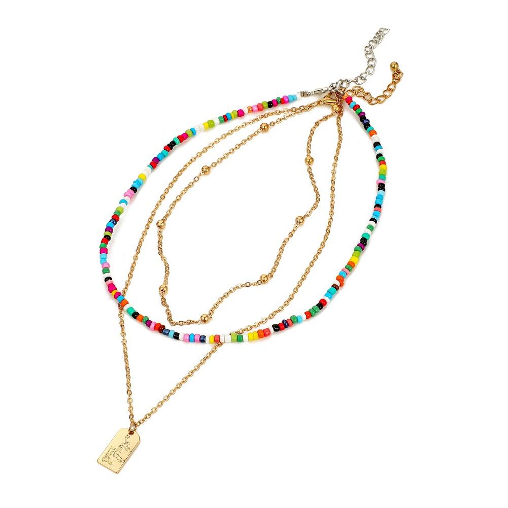 2 Pcs/set Women's Necklace Bohemian Style Multi-layer Color Seedbead Metal Pendant Necklace