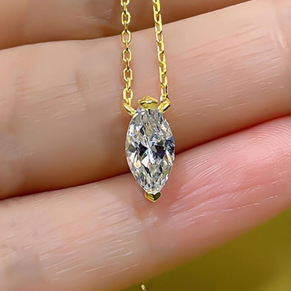 Two Prong Marquise Cut Single Stone Pendant Thin Link Chain Two Tone Minimalist Women Neck Jewelry