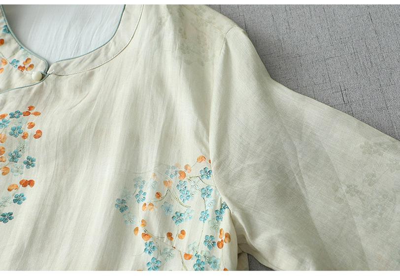 Chinese Style Fresh Age-Reducing Qipao Dress: Stand Collar, Diagonal Placket, Slim-Fit, Mid-Sleeve, Summer Cotton-Linen Blend for Women.