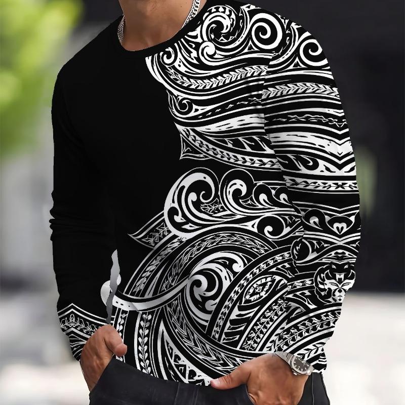 Men's Casual Printed Long-sleeved Round Neck Pullover Fashionable Long-sleeved T-shirt