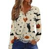 Women's Fashion Casual Halloween Printed V-Neck Button Trim Long Sleeve T-Shirt Top