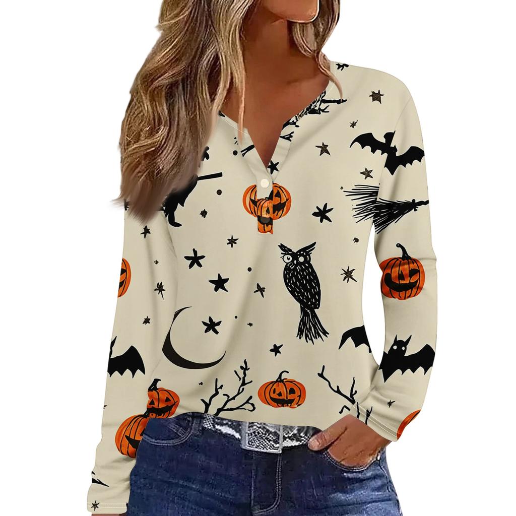 Women's Fashion Casual Halloween Printed V-Neck Button Trim Long Sleeve T-Shirt Top