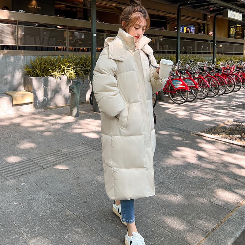 Warme Baumwolljacke für Herbst und Winter, Mittellange Überknie Daunen-Baumwolljacke, Koreanische Version Lockere und Dicke Kapuzen-Baumwolljacke, Lässige Baumwolljacke