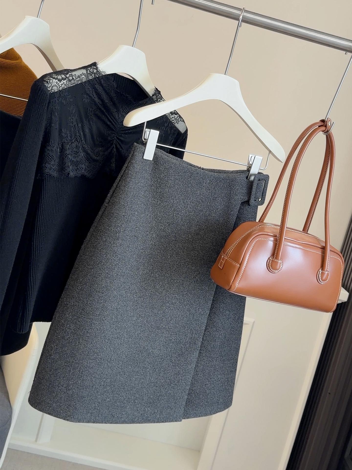 Autumn Winter Irregular High Waist Woolen Skirt - Slimming Hip-Hugging Mid-Length Large серый