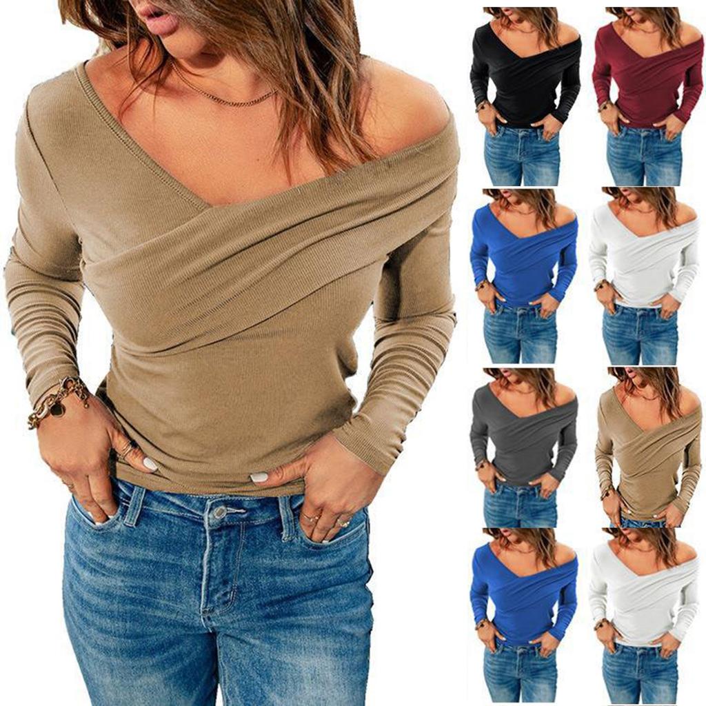 Women's Color V Neck Off Shoulder Long Sleeve Wrap Top Sexy Bandeau Top