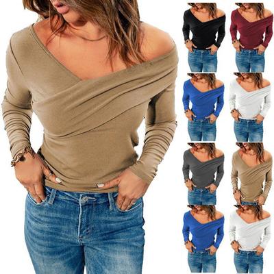 Women's Solid Color V Neck Off Shoulder Long Sleeve Wrap Top Sexy Bandeau Top
