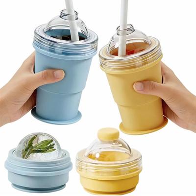 Portable Foldable Ice Ball Cup with Built-in Straw Drink Cup Water Bottle Food-Grade Silicone Ice Maker Mold Summer Outdoor Cup