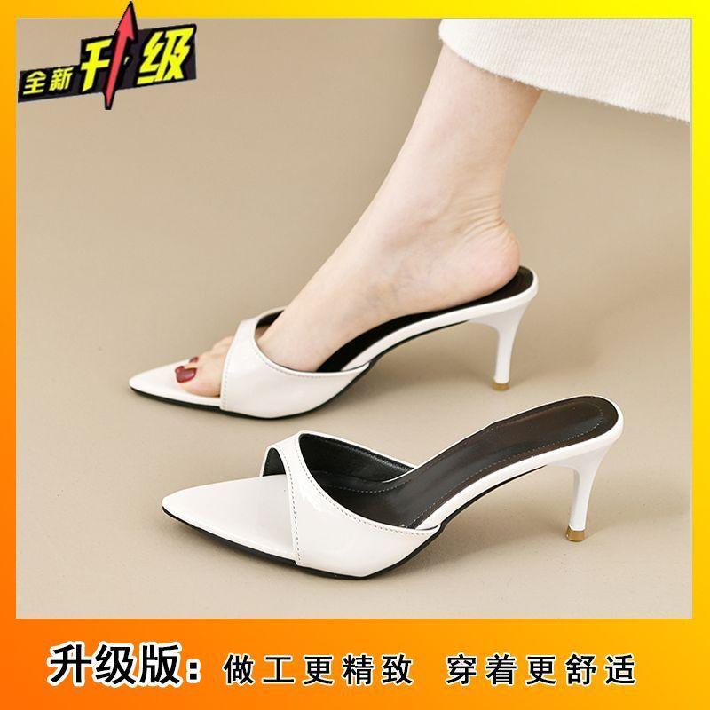 Patent leather high-heeled thin-heeled women's slippers 2025 summer new fashion versatile dopamine pointed cool slippers women