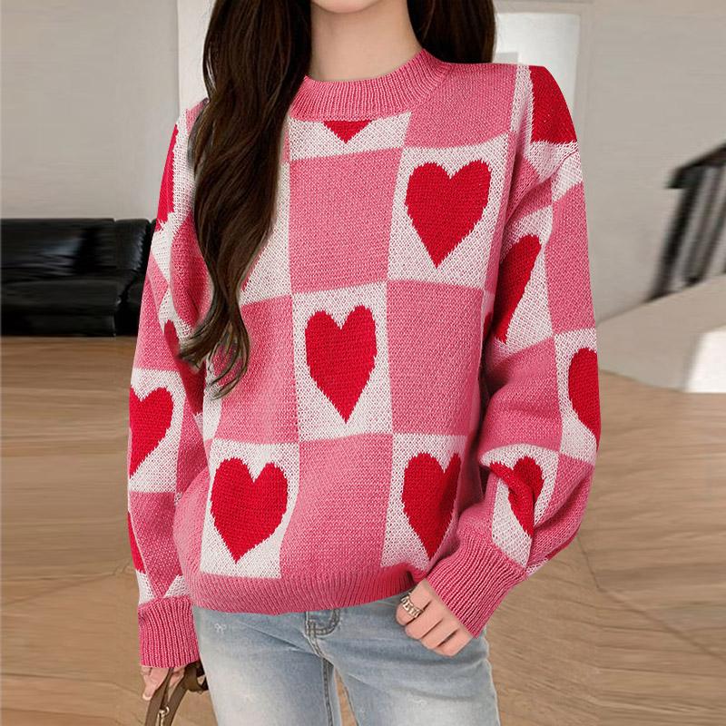 

VONDA Женские осенние пуловеры с круглым вырезом, длинным рукавом, клетчатым принтом и принтом в виде сердца XL розовый