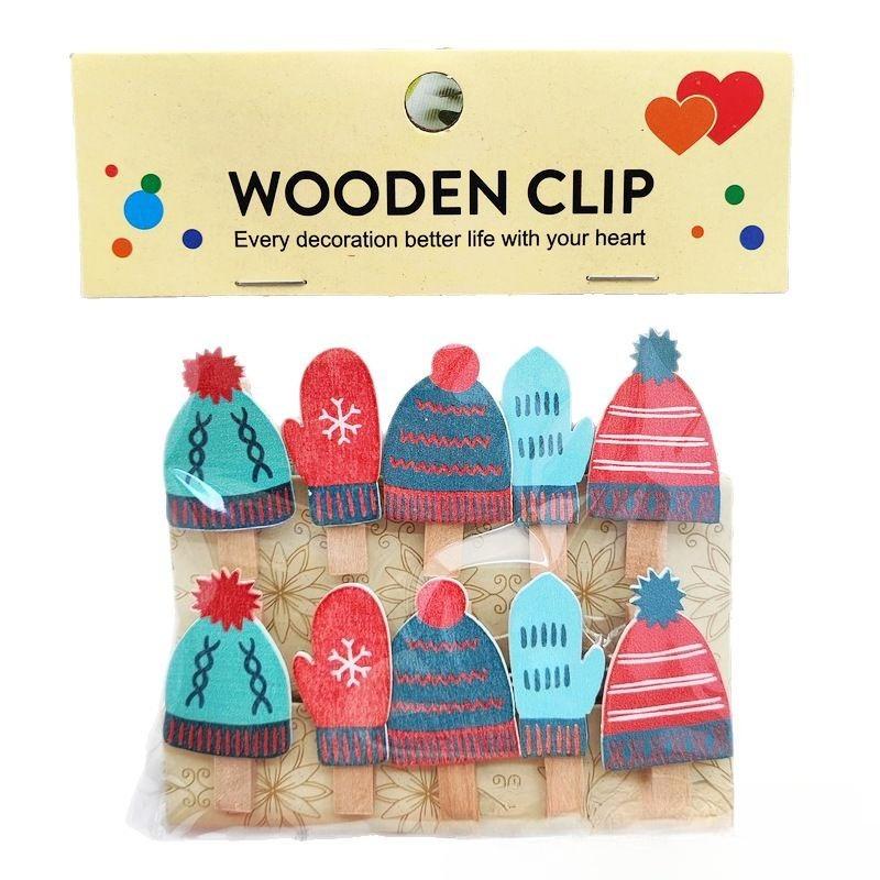 10 Pcs Cartoon Christmas Elements Hat Home Hanging Brush Photo Wall Kindergarten Flower Shop Card Small Wooden Clips