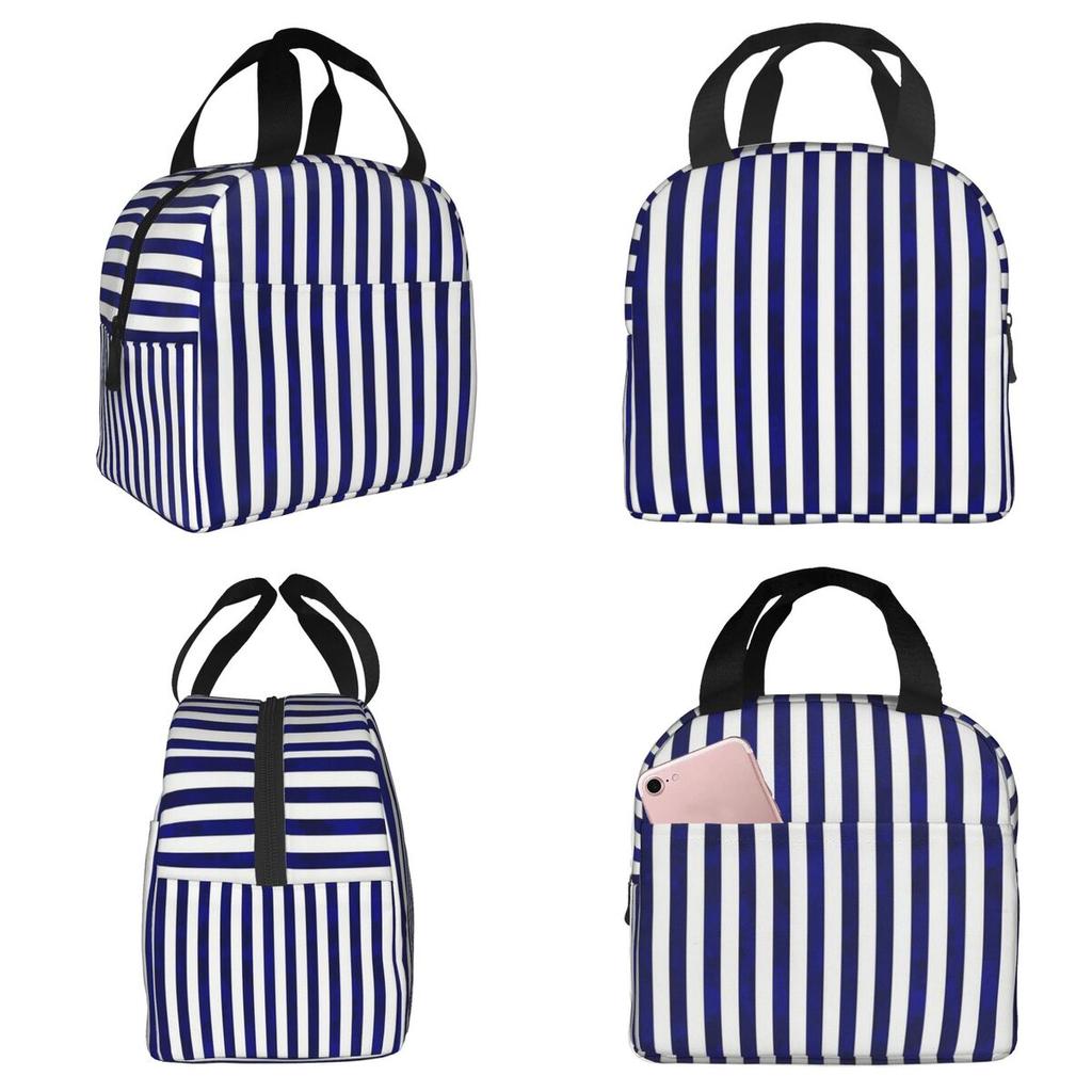 Classic Stripes Navy Blue And White Insulated Lunch Bag for Kids School Cooler Thermal Food Box Tote Lunch Boxes Container