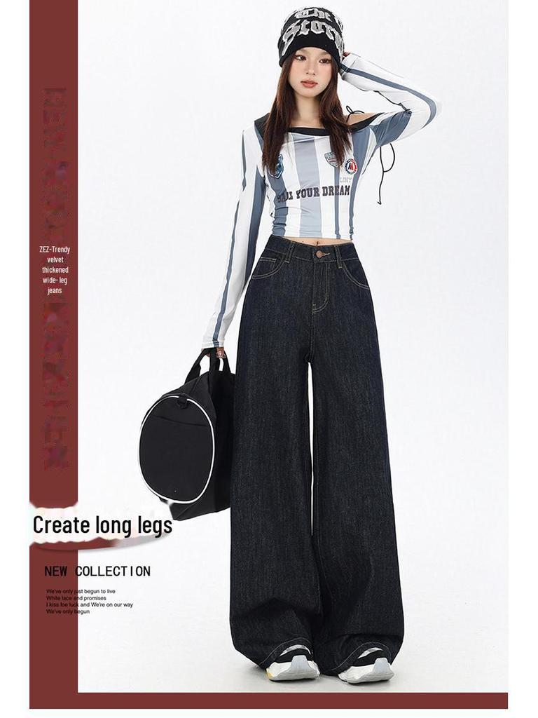 Women's High Waist Plush Wide-Leg Jeans for Fall and Winter