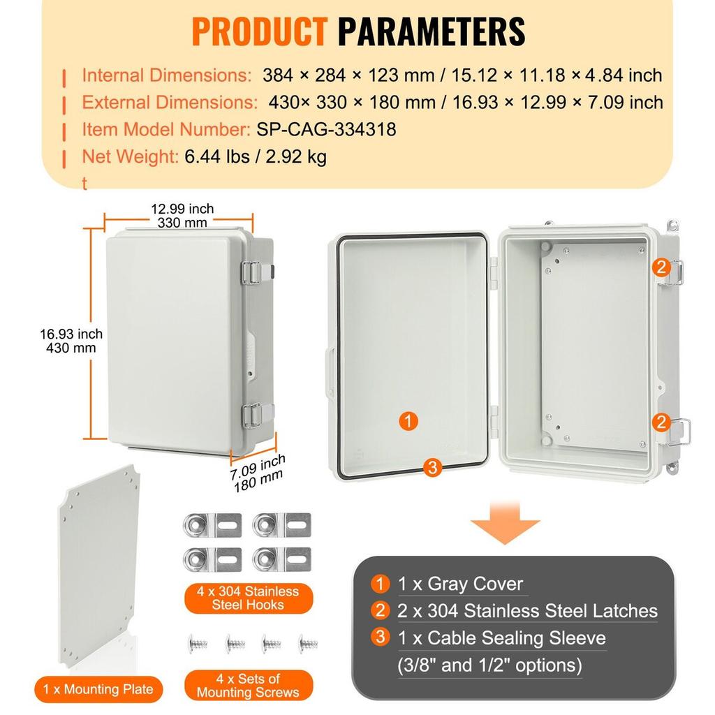 Outdoor Electrical Junction Box, 16.93 x 12.99 x 7.09 in, ABS Plastic Electrical Enclosure Box with Hinged Cover Stainless Steel Latch, IP67 Dustproof