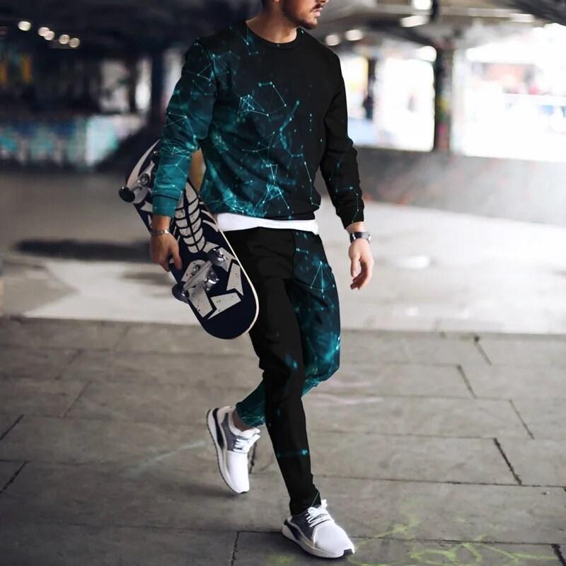 2024 Men's Long Sleeve T-shirt Two-piece European Charm 3d Printed Pattern Popular Street Wear  Loose Suit