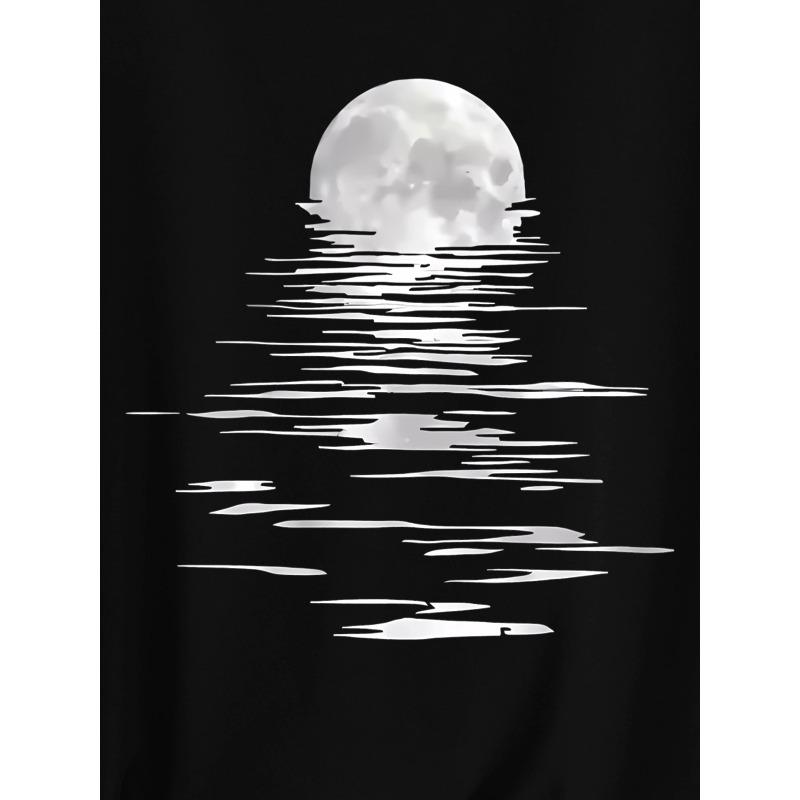 European Size Women's Casual Short Sleeve T-Shirt with Moon Rising Over Water Graphic Print - Soft Stretch Round Neck Top for Spring Summer Fall