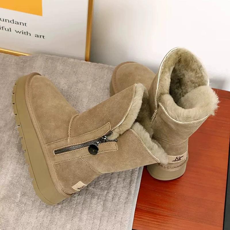 Zimní dámské krátké plyšové teplé sněhule, ležérní boty, kožešinové kotníkové boty, ploché boty na platformě, boty
