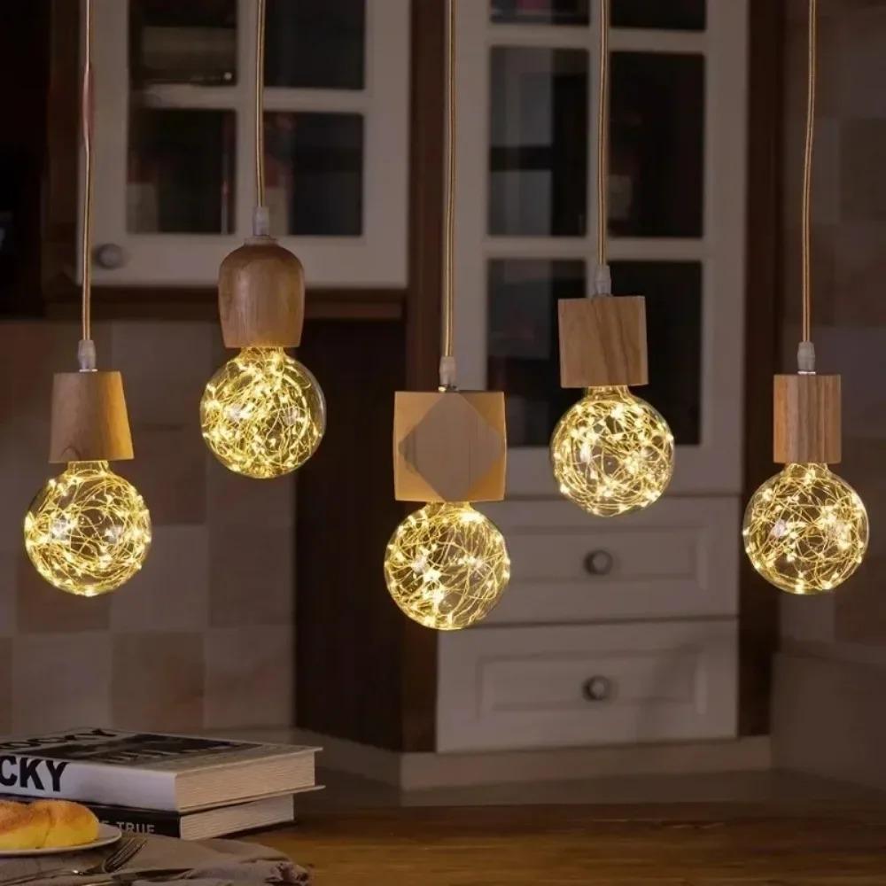 Nordic Wood Pendant Lamp E27 Wooden Pendant Lights for Bedroom Home Living Room Decor Log Color Vintage Hanging Light Fixture
